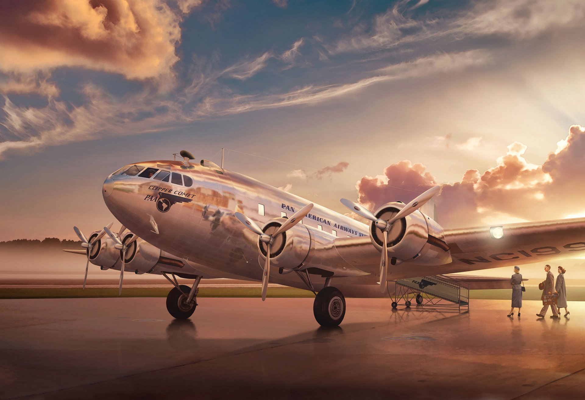 art airplane pan american airways system boeing boarding passengers for for many years pan am in fact was a national carrier USA one of the leaders of transatlantic flights artist ron cole