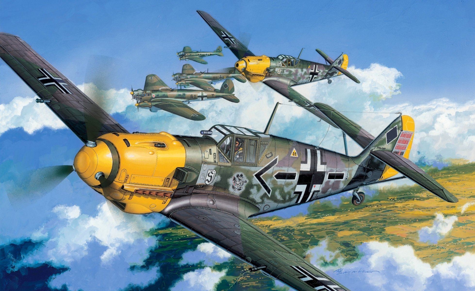 dibujo avión me - 109 bf-109 e-4 emil messerschmitt messerschmitt luftwaffe geschwaderkommodore jg26 schlageter 26º escuadrón de caza schlageter segunda guerra mundial