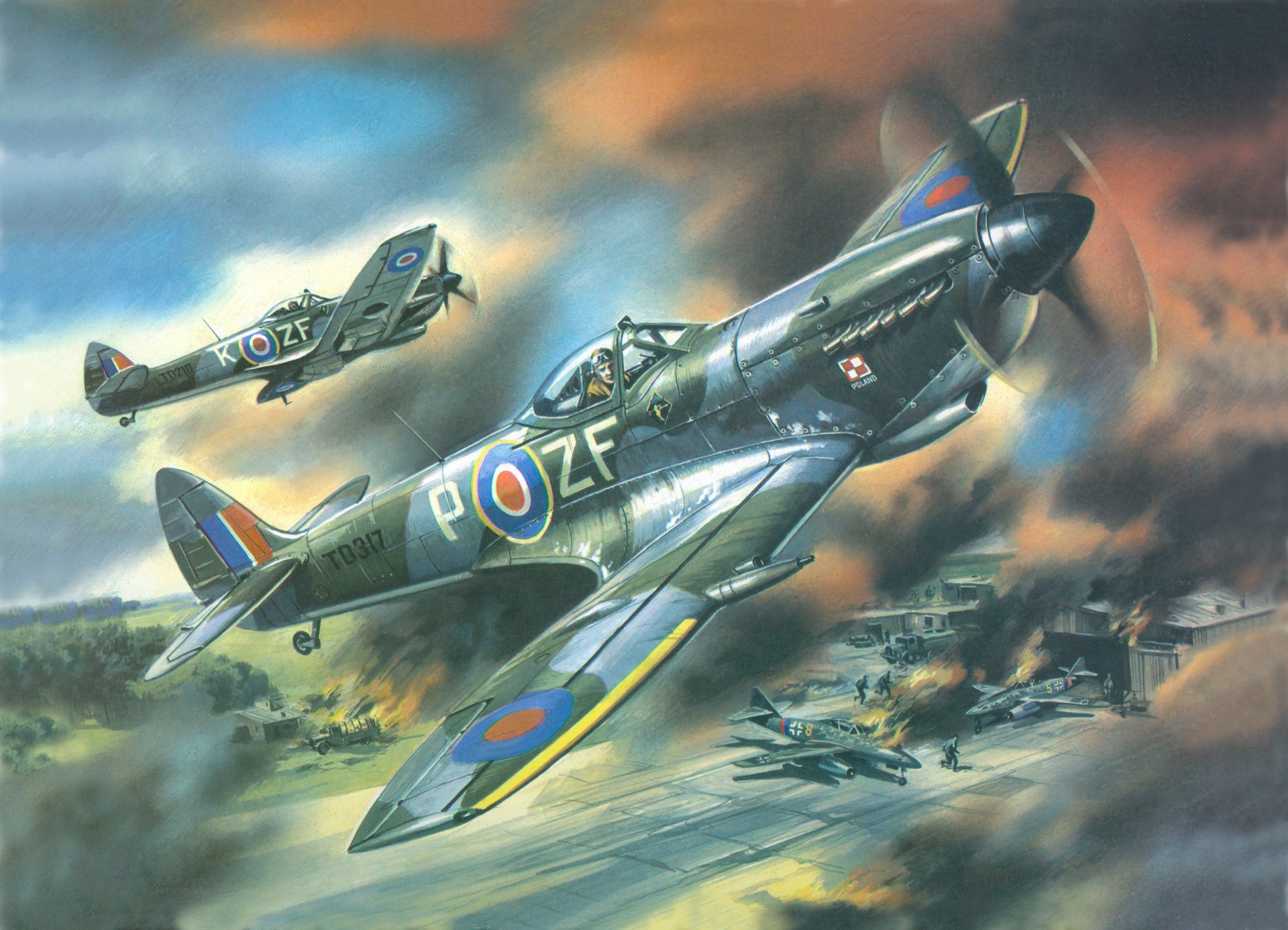 art spitfire mk16 spitfire mk.xvi english fighters land airport me-262 german commercial fire flame smoke ww2 picture