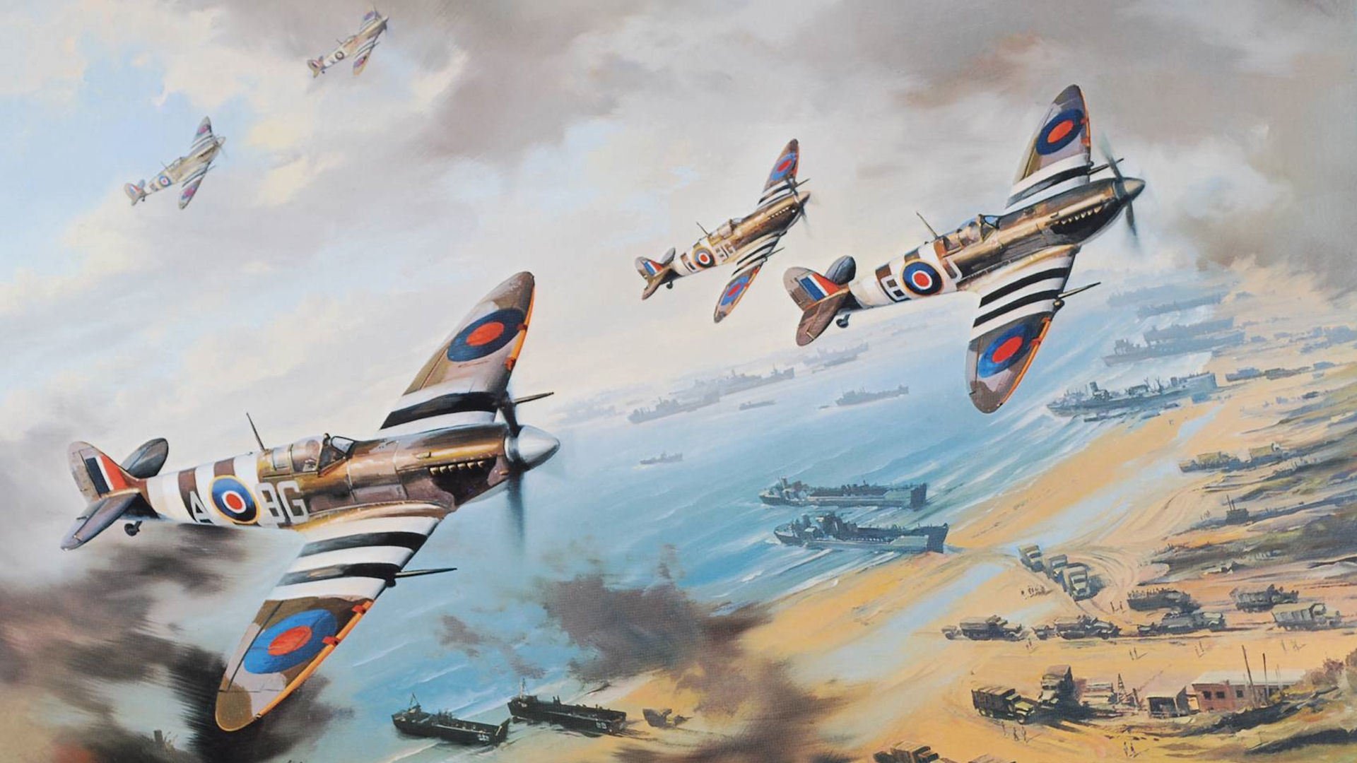 sweep fighter d-day normady sbarco in normandia caccia spitfire navi spiaggia disegno arte