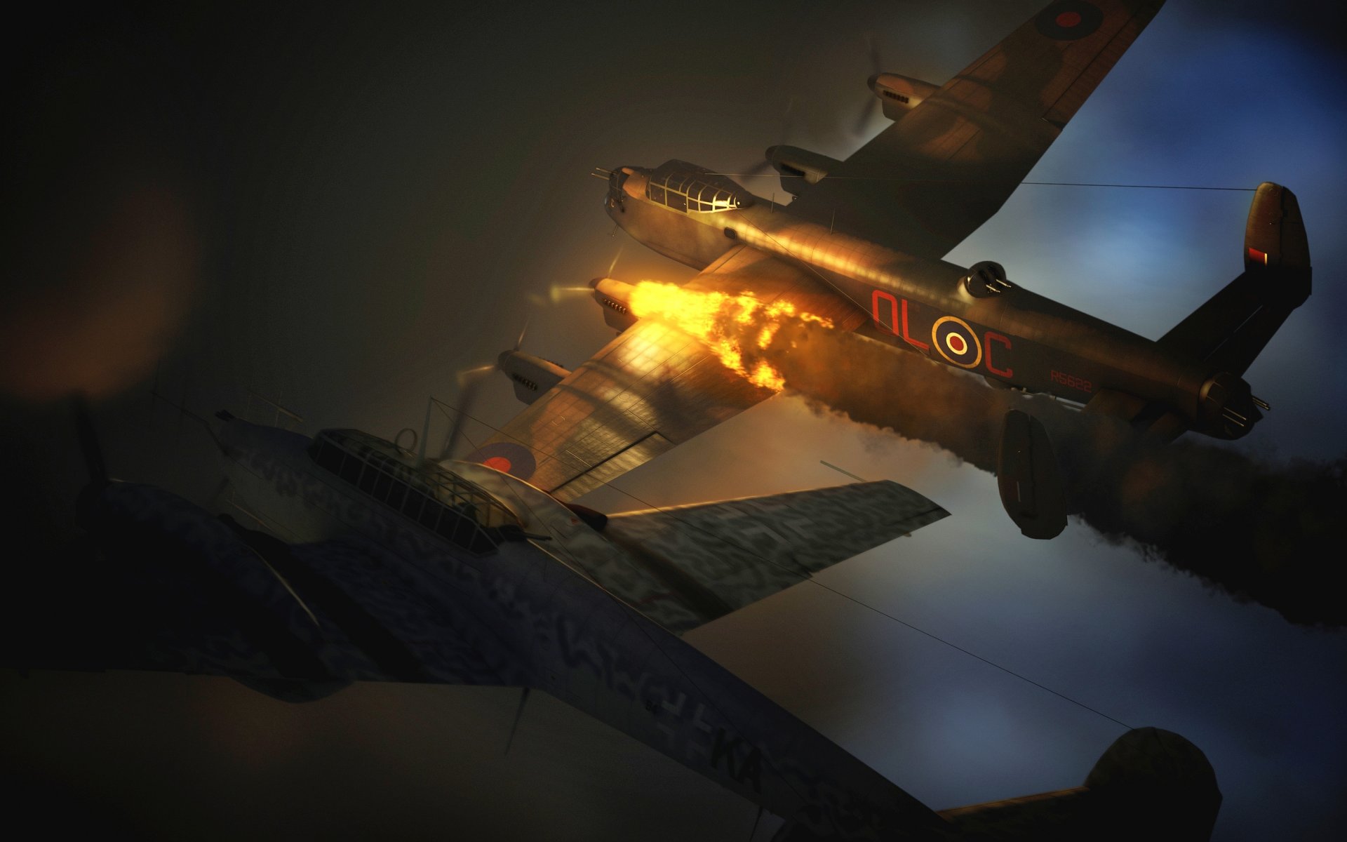 art ciel. nuit messerschmitt bf-110 messerschmitt bf.110 allemand stratégique combattant et avro 683 lancaster avro 683 lancaster britannique bombardier feu flamme ww2 graphique 3d