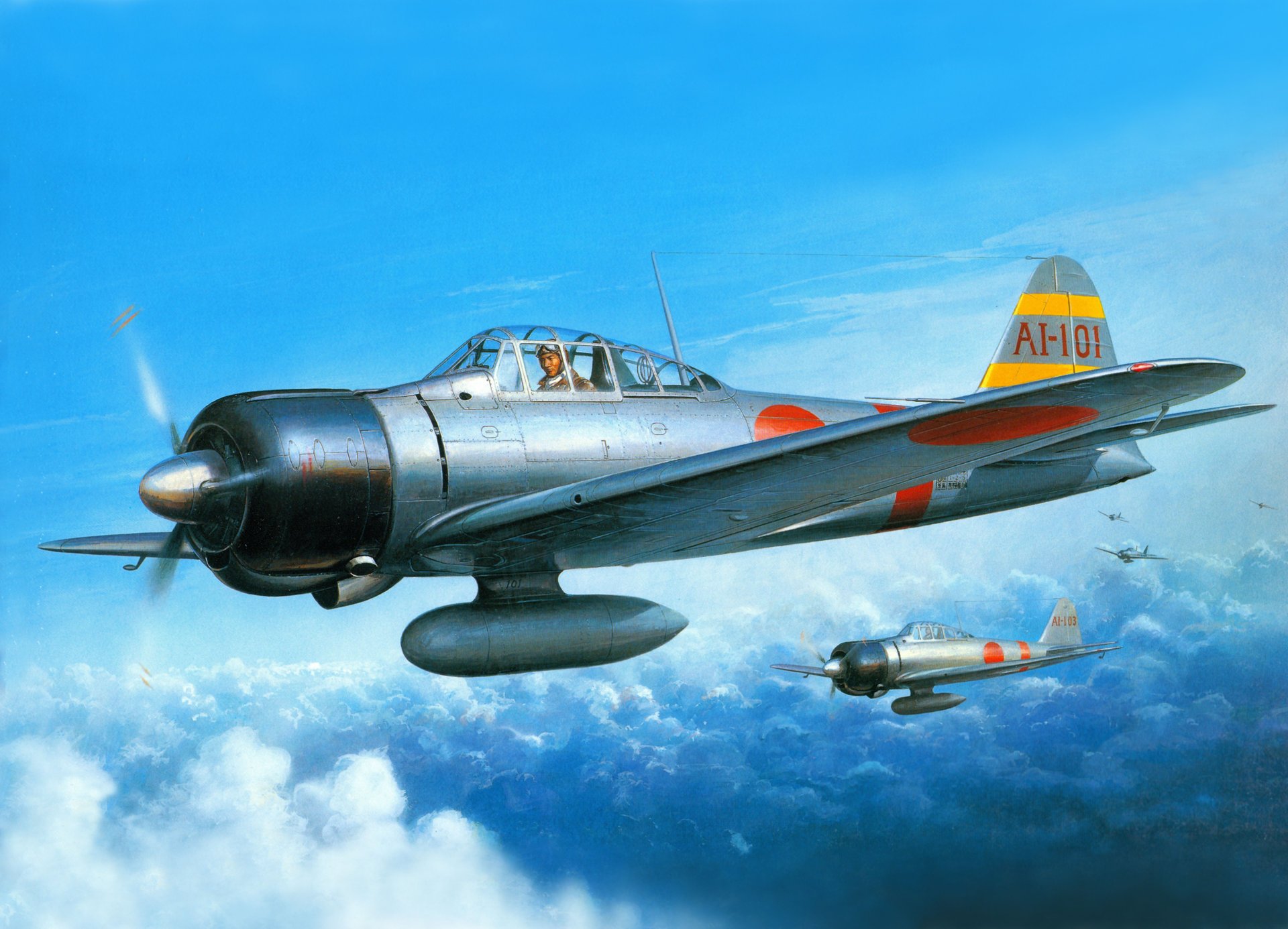 art guerre mitsubishi a6m2 zéro sen japonais pont combattants ciel nuages ww2 dessin