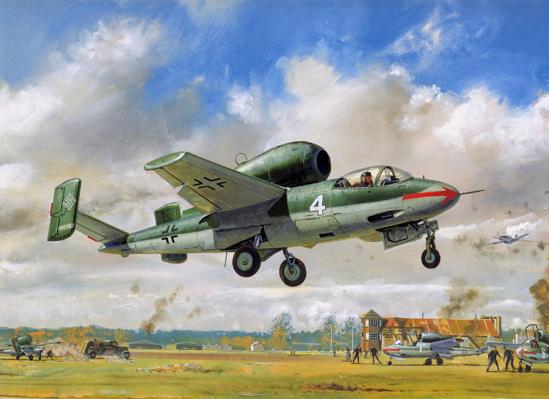 picture war sky clouds heinkel he-162 german single-engined jet fighter airport buildings people