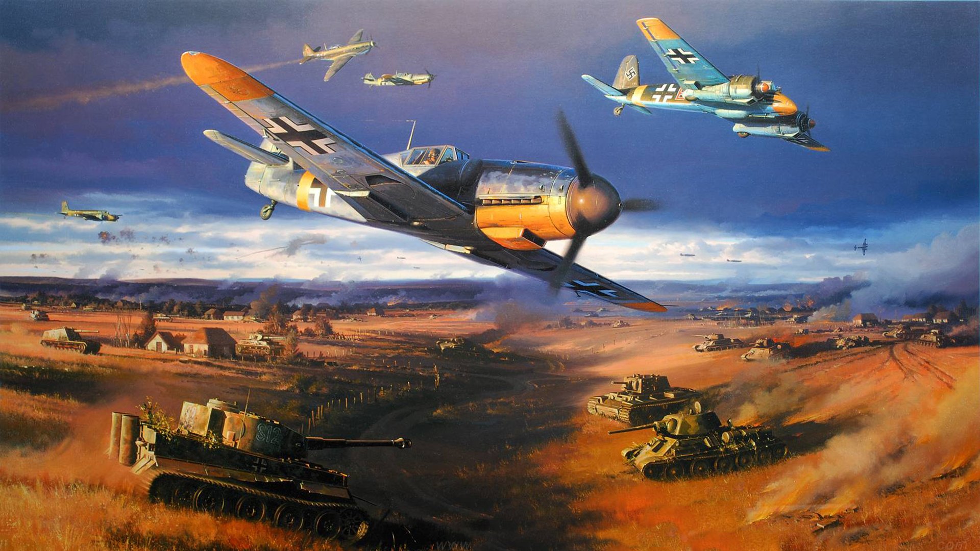 batalla de prokhorovka urss tercer reich nicolas trudgian bf-109 tanque tigre t - 34 kv-1 cazas combate aéreo guerra dibujo arte