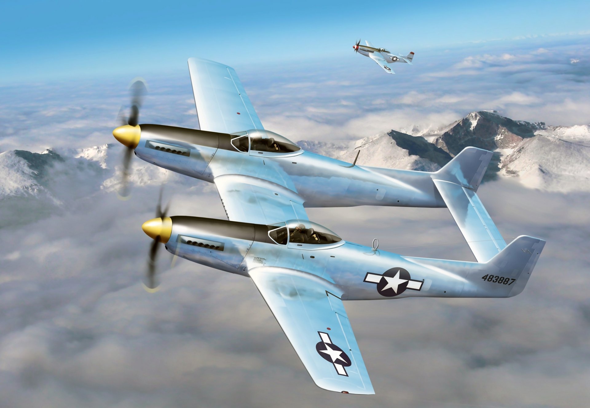 art mustangs f-82 p-51 américain polyvalent avions de chasse ciel nuages ww2 dessin