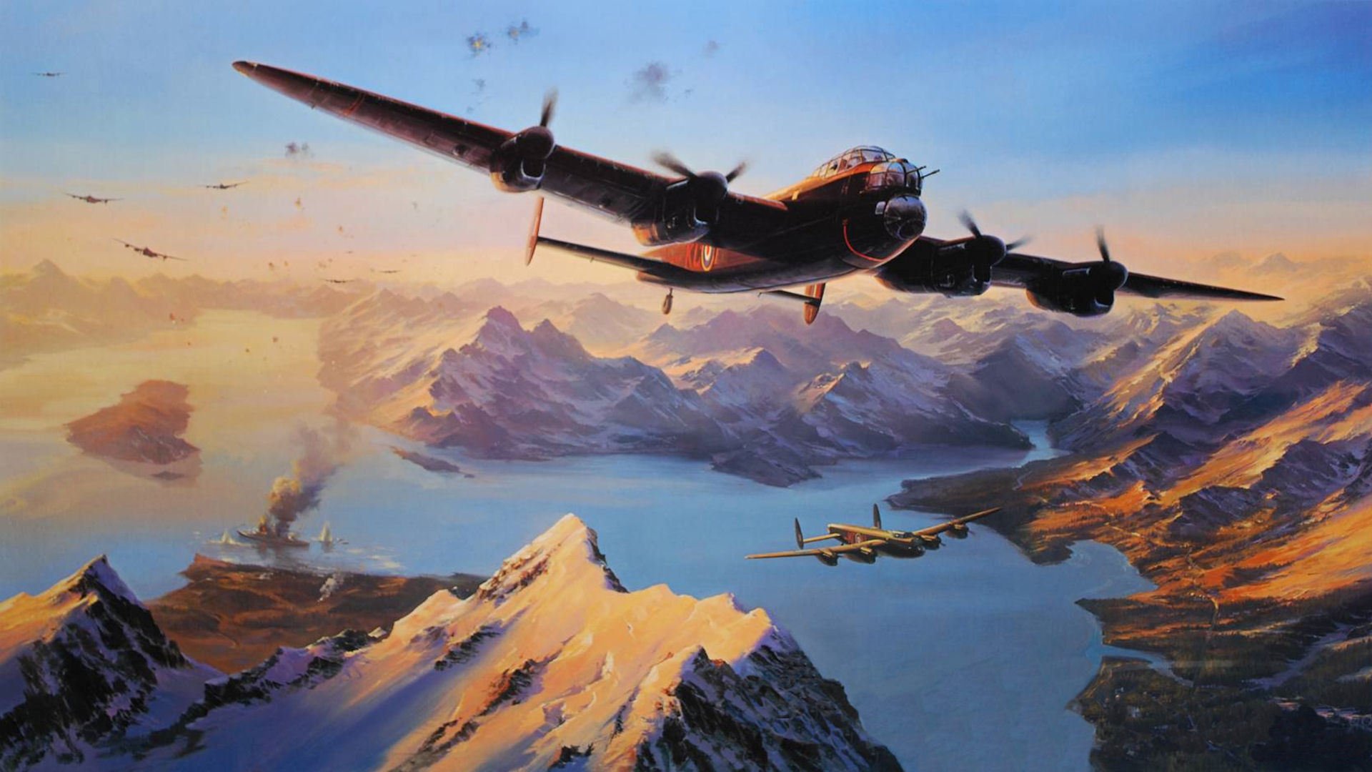 affondamento tirpitz seconda guerra mondiale 1944 lancaster bombarders montagne nave corazzata disegno arte fumo