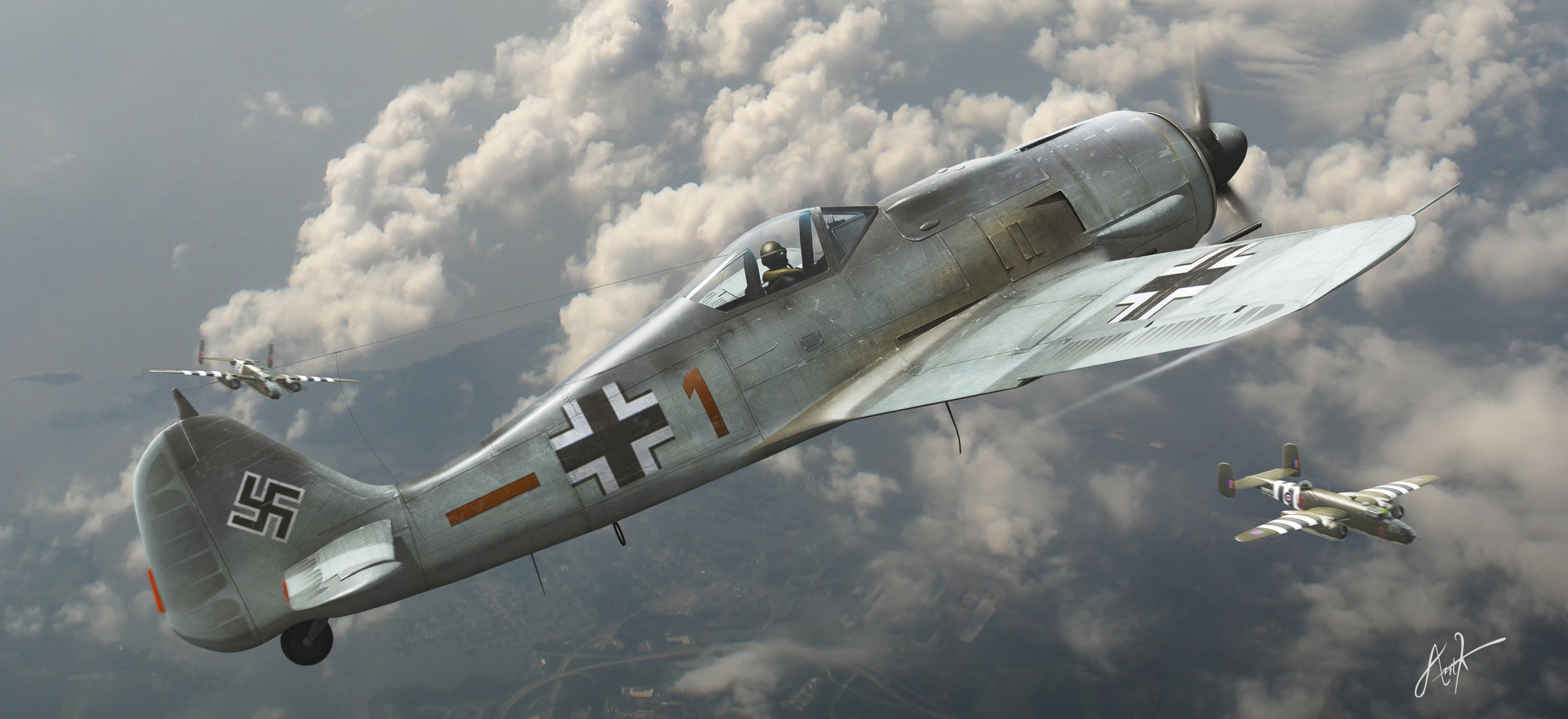 dogfight focke-wulf fw 190 german fighter b-25 american bomber aviation the second world war