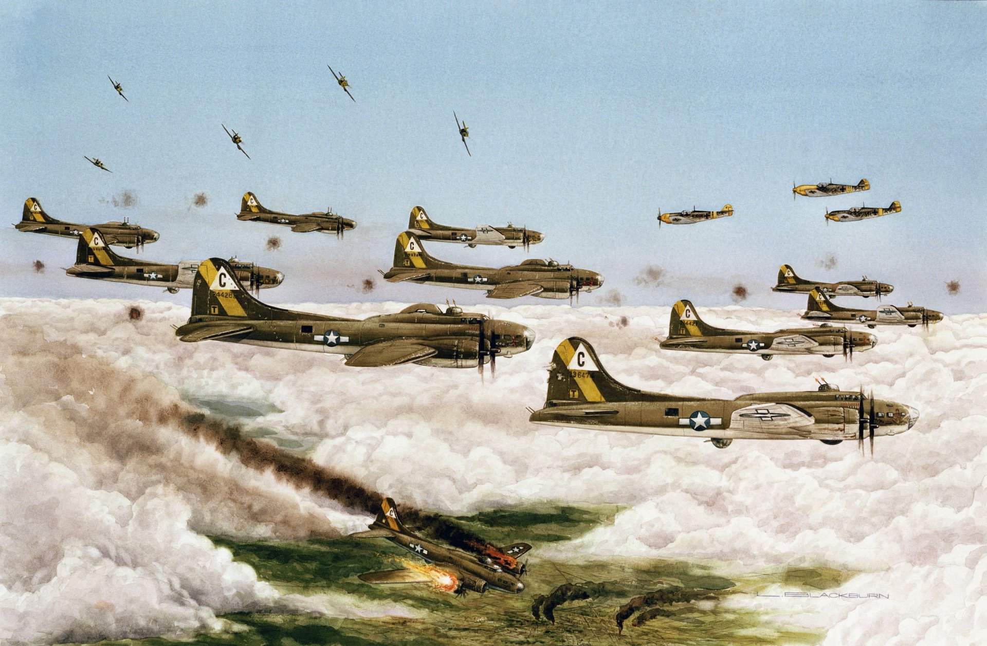 art ciel b-17 masse raid sur ville dresde allemagne 1945année seconde guerre mondiale dessin