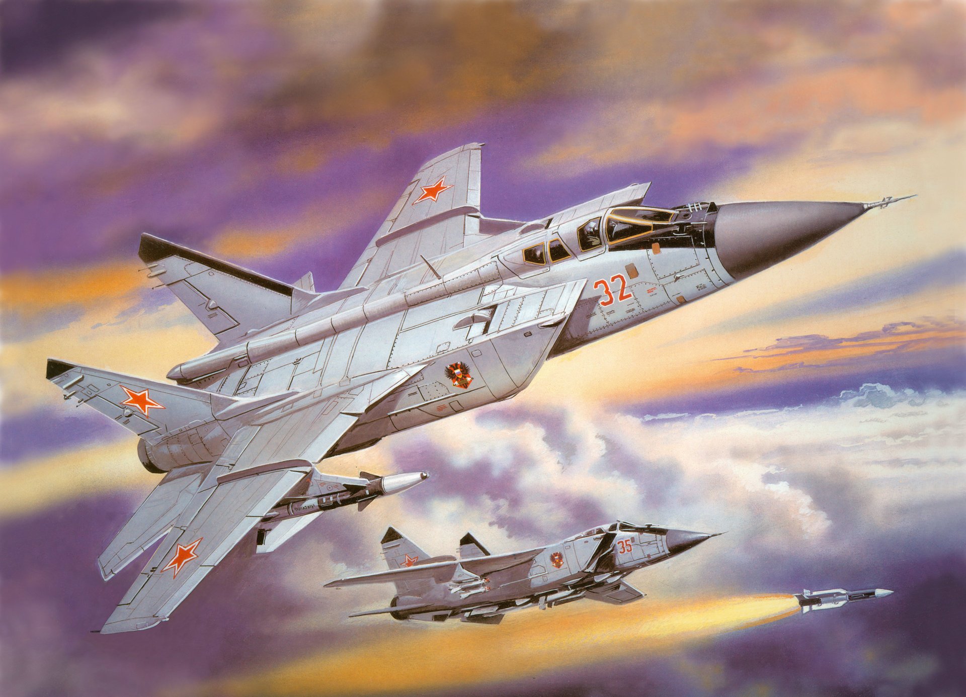 art mig-31 foxhound foxhound russo biposto supersonico per tutte le stagioni caccia intercettori a lungo raggio cielo nuvole missile da crociera figura