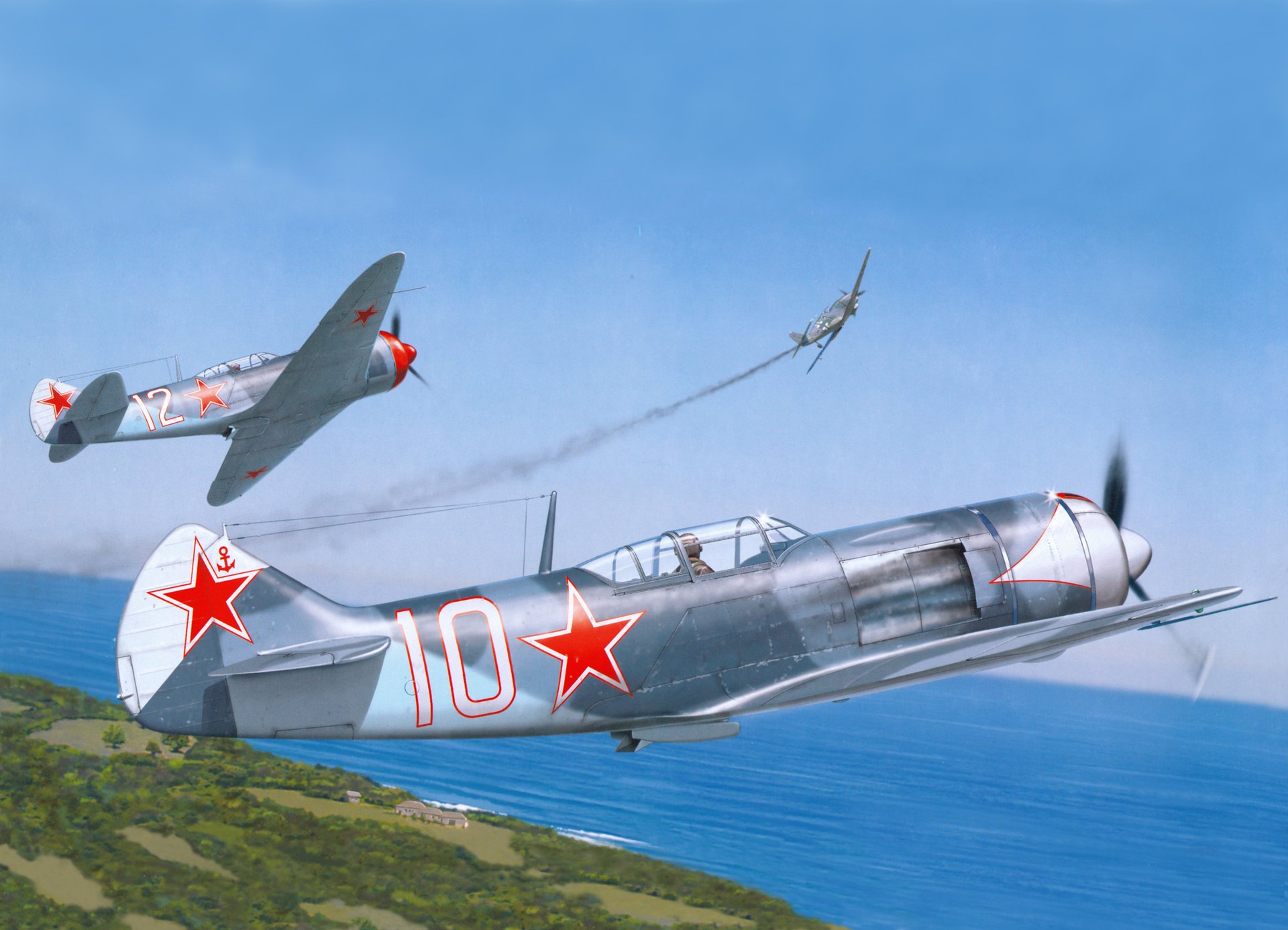 art war sky la 7 soviet single-engine single fighters and shot down messerschmitt 109 sea beach vegetation