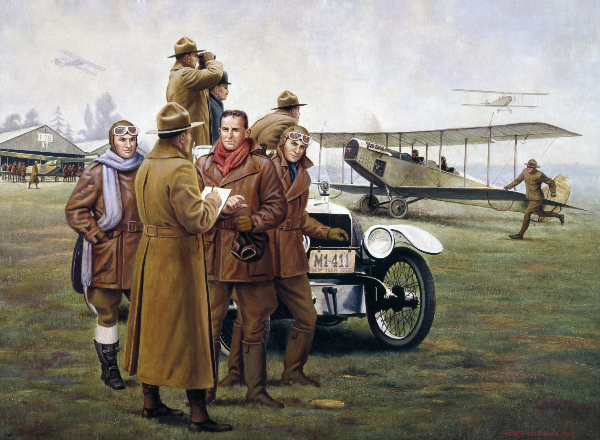 arte nueva york 19 de noviembre de 1916 campo de aviación campo de vuelo hangar curtiss jn-4 jenny aviones de entrenamiento pilotos mecánicos coche dibujo