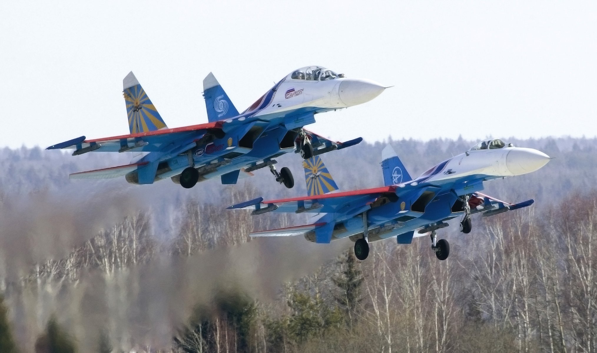 russische ritter kunstfluggruppe russland su 27 zwei kämpfer mehrzweck vierte generation su-27p su-27ub tag in der luft am besten wald start luftfahrt flugzeug luftwaffe