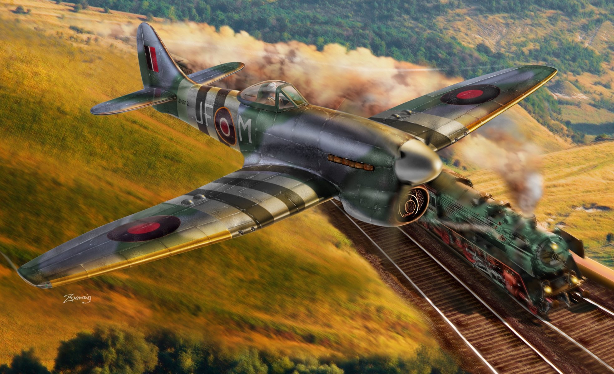 art airplane hawker typhoon v . hawker typhoon . british single-seat fighter bomber one of the most powerful fighters of world war ii in sky train rushes on rails ww2