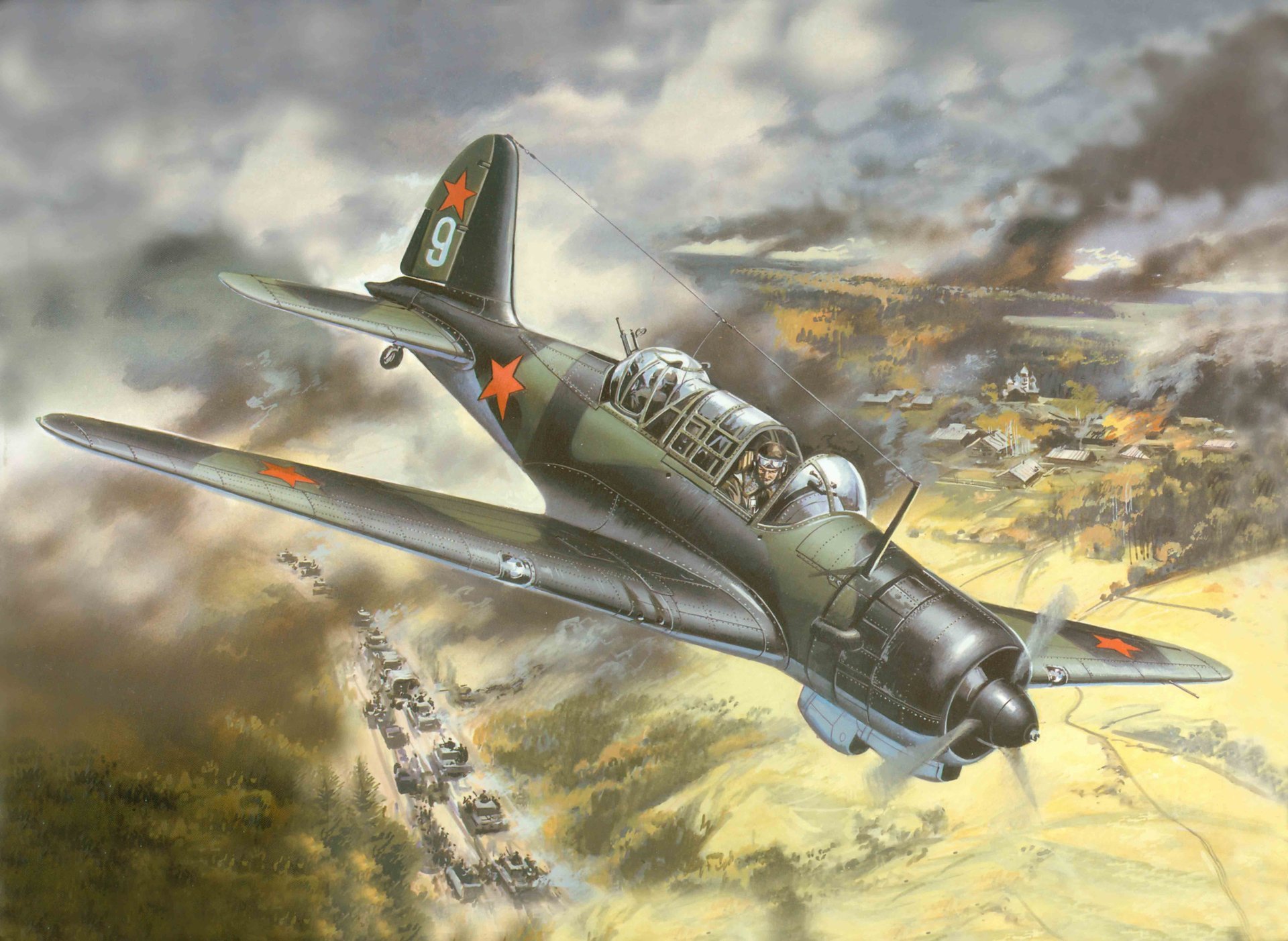 kunst flugzeug su-2 sowjetisch nahkampf scout und leicht bomber luftangriff auf deutsch säule p.o. sukhoi luftwaffe udssr wwii ww2