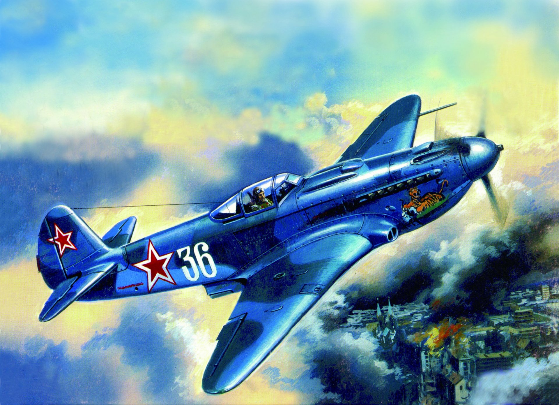 guerra cielo aereo lagg-3 sovietico combattente città edifici fuoco fuoco fumo disegno