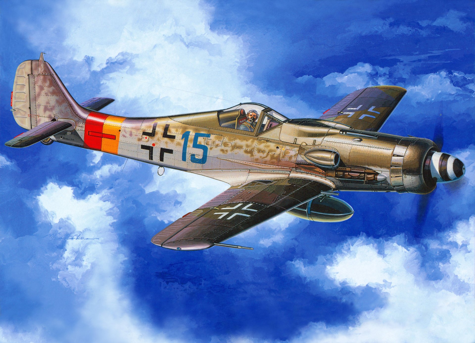 dessin ciel avion focke-wulf fw.190d-dora à long nez comme on l appelait dans la luftwaffe ou dora-9 produite par focke-wolf