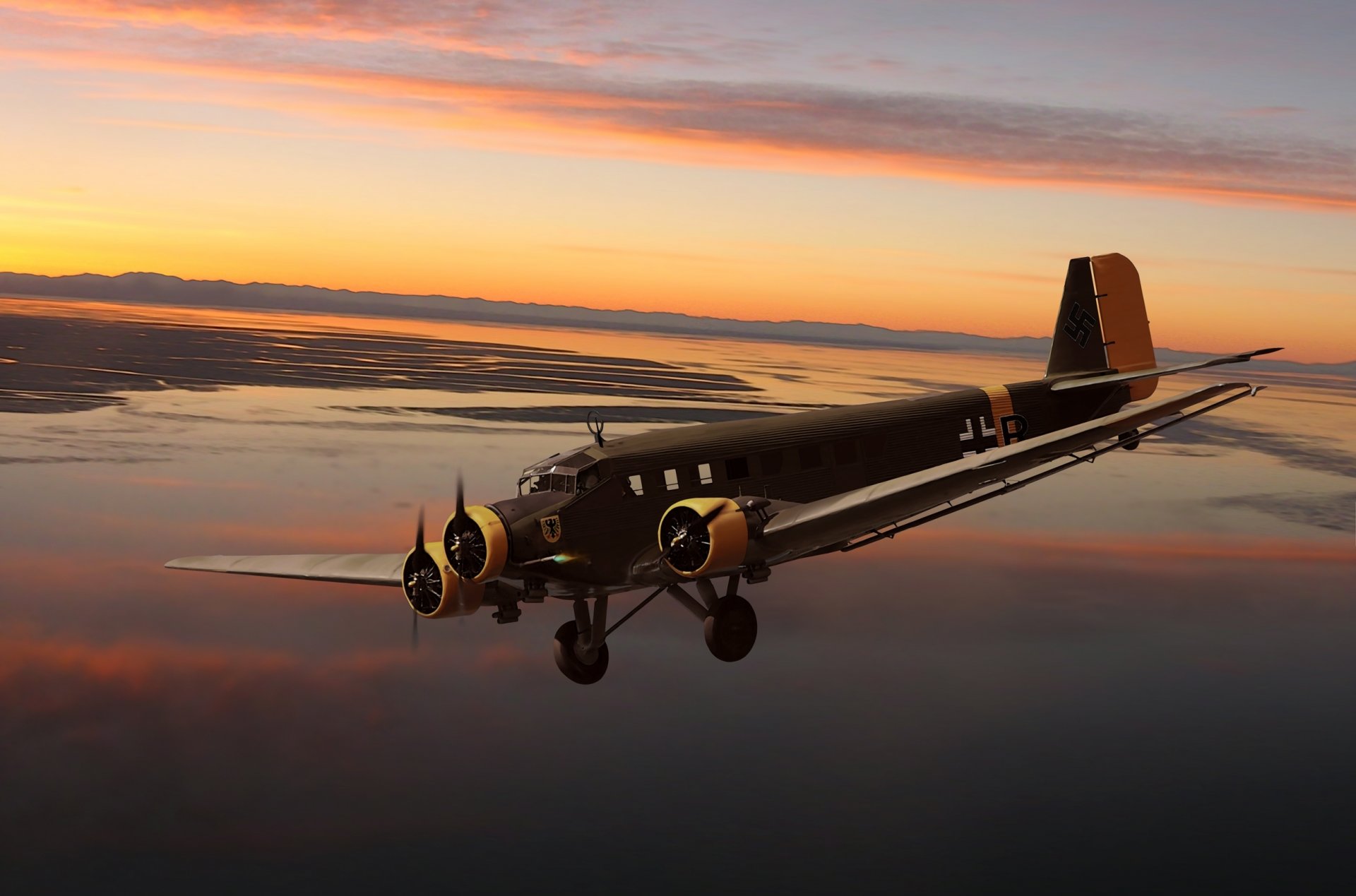 kunst himmel junkers ju 52 junkers ju.52 deutsch dreimotorig passagier und militärtransport flugzeug land wasser bucht ww2 zeichnung