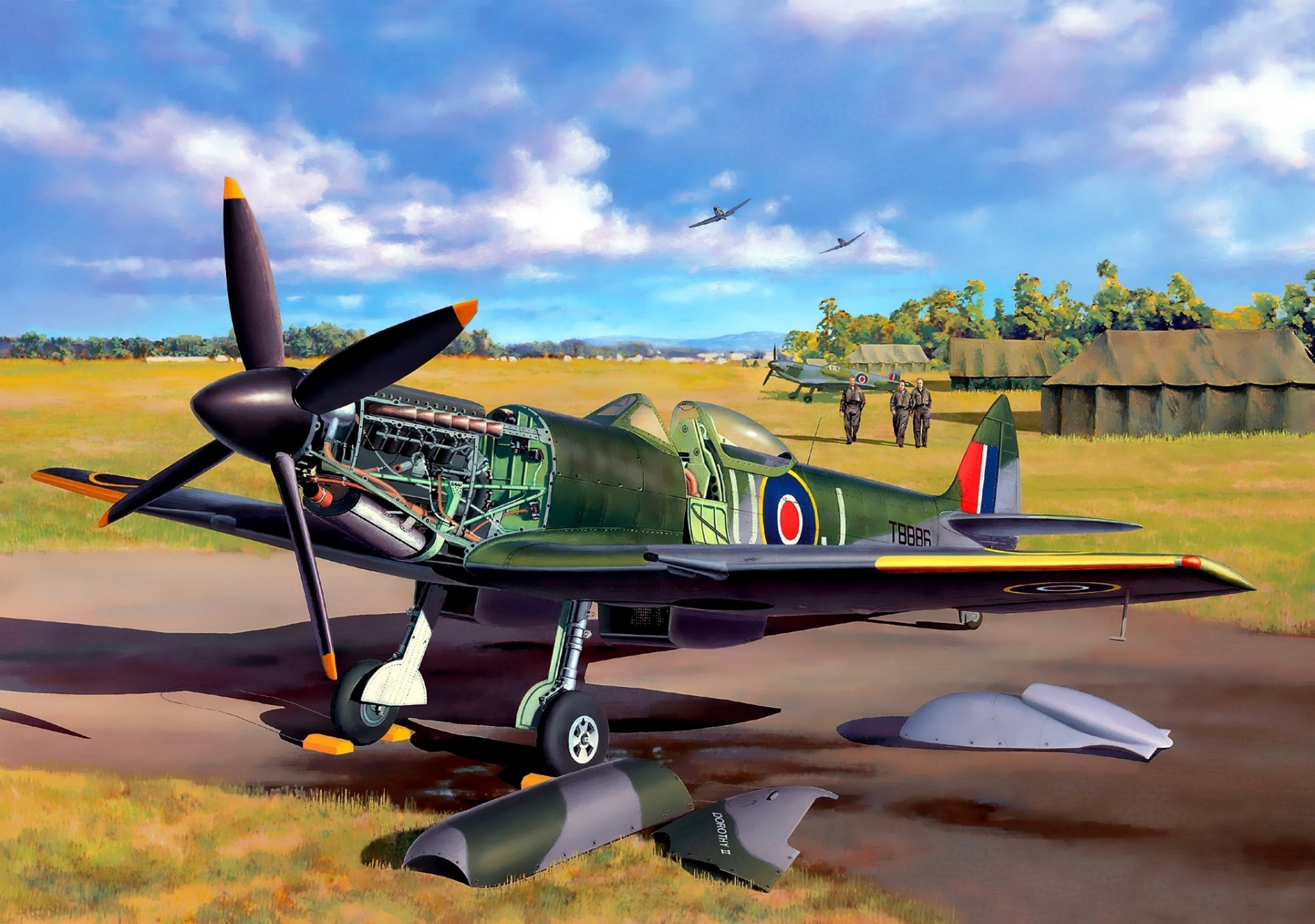 art aircraft english fighter interceptor scout supermarine spitfire mk.xvi spitfire airfield technical maintenance in gave pilots air force great britain ww2