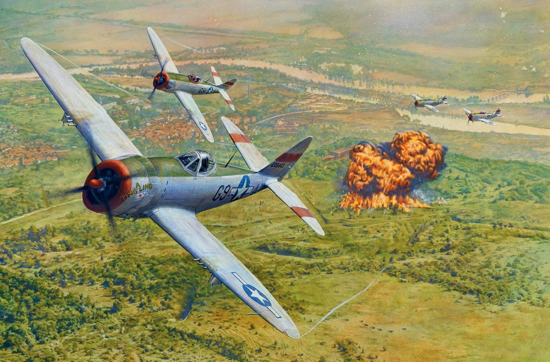 art ciel ripablik p-47 thunderbolt republic p-47 thunderbolt américain chasseurs-bombardiers attaque cible bombardement explosions feu ww2 dessin