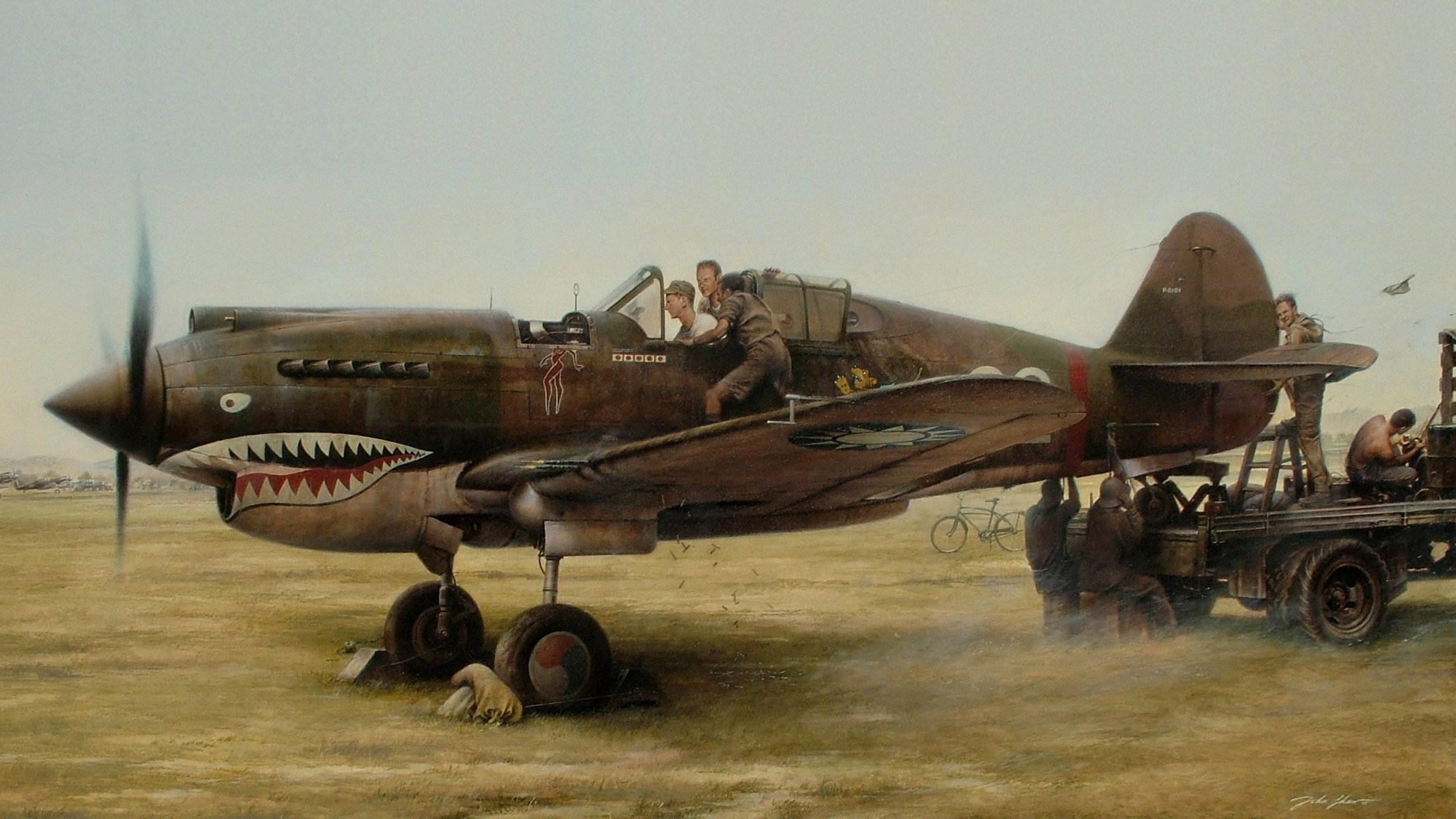 art aérodrome curtiss p-40 curtiss p-40 tomahawk chasseur américain réparation personnel d entretien chauve-souris ww2 dessin