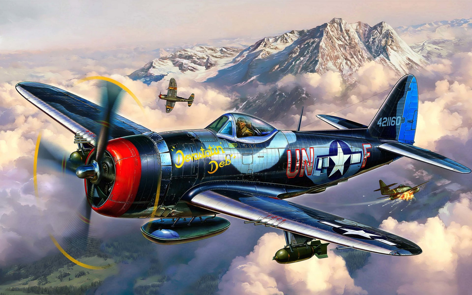 art airplane republic p-47 thunderbolt fighter bomber air force usa in sky aerial combat ww2 artist michal reinis