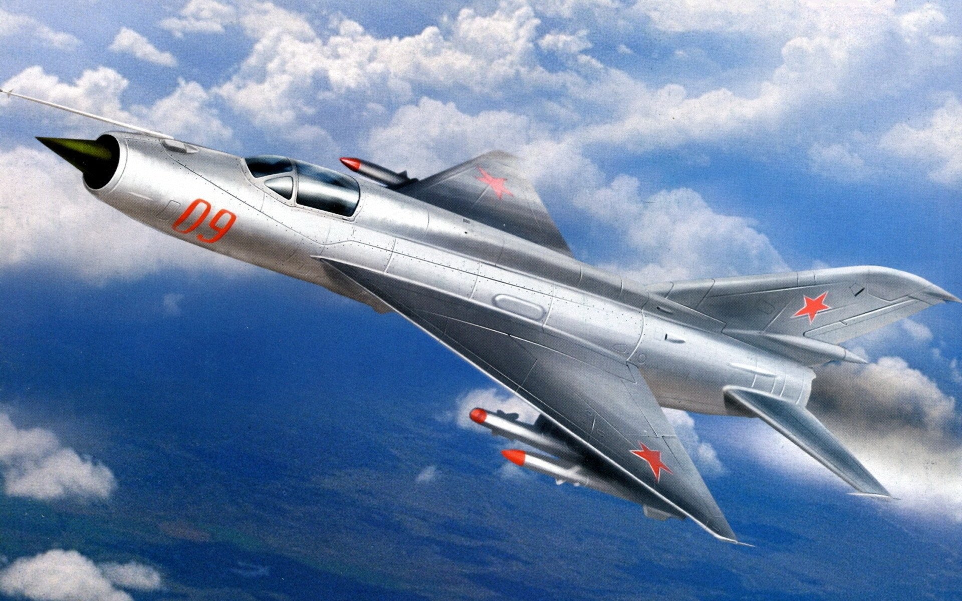 arte cielo nubes mig-21 producto e-5 avión i-500 por codificación otan : fishbed soviética multipropósito caza desarrollado okb mikoyan y gurevich en mediados 1950-s . mig-21 se convirtió en primero kb mig con triangular ala