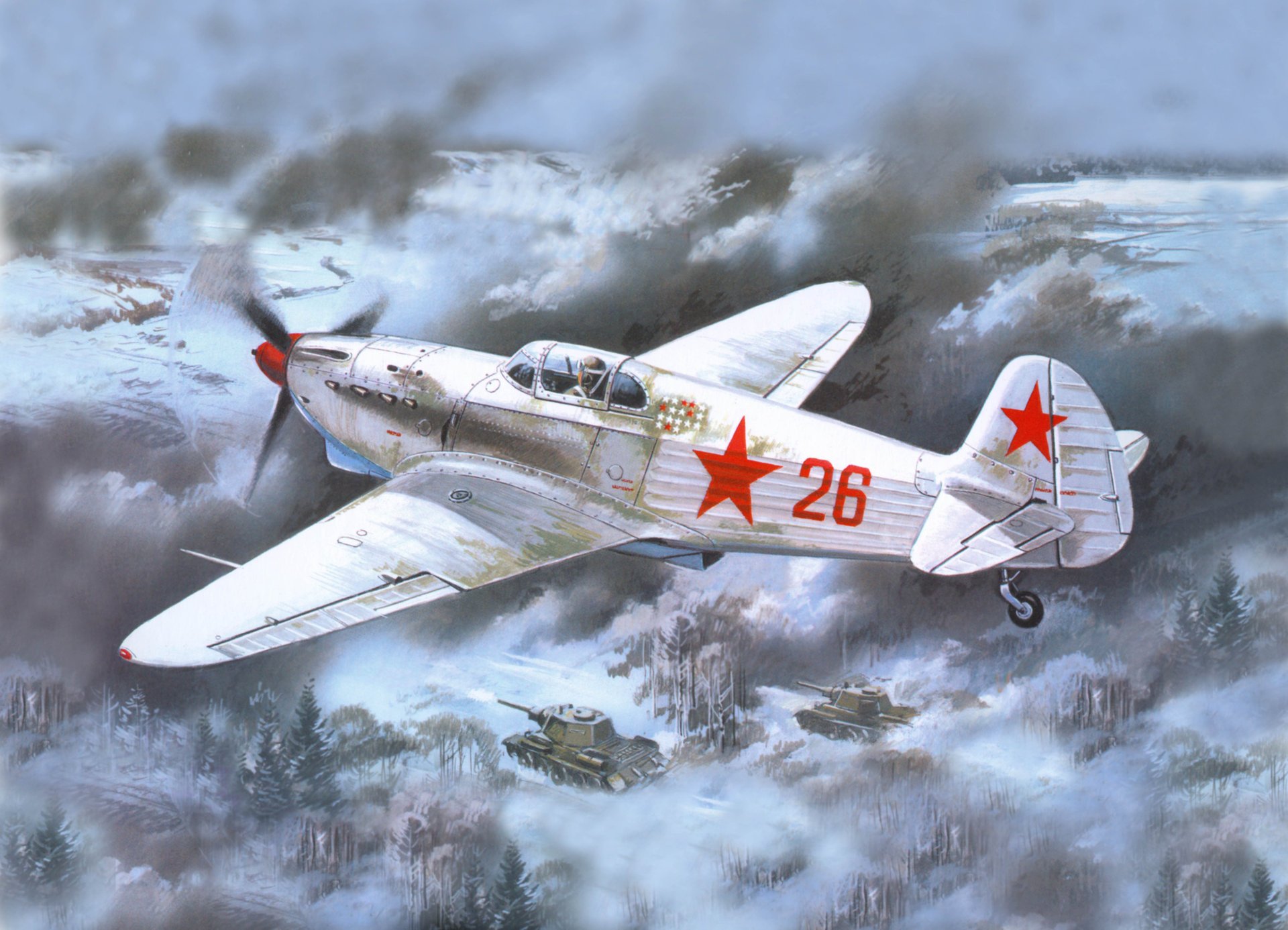 ky yak-3 sovetky single-engined fighter land tanks smoke the great patriotic war picture