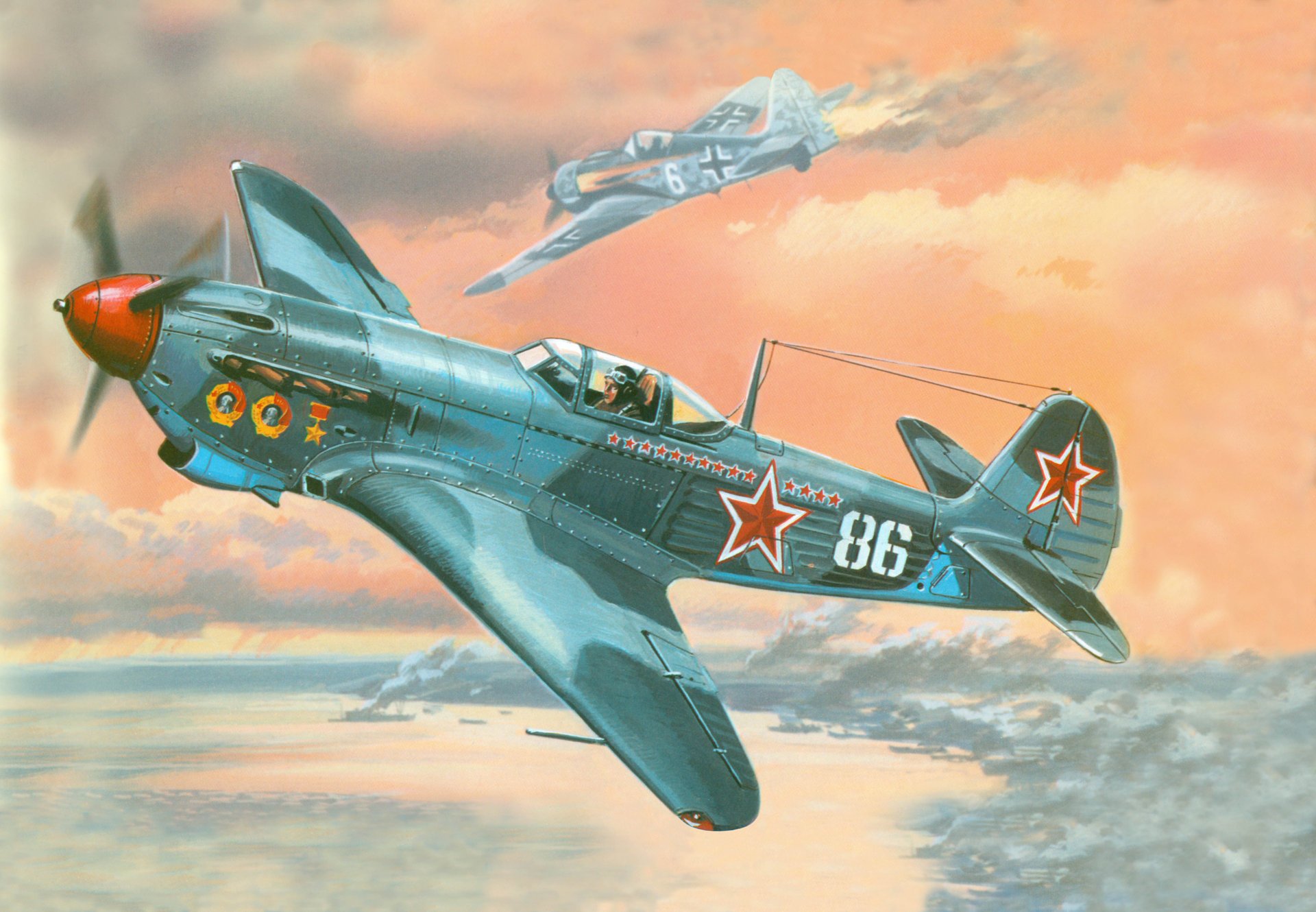 arte yak-9 soviético luchador y derribado alemán focke-wulf fw 190 bahía puerto barcos humo gran guerra patriótica dibujo