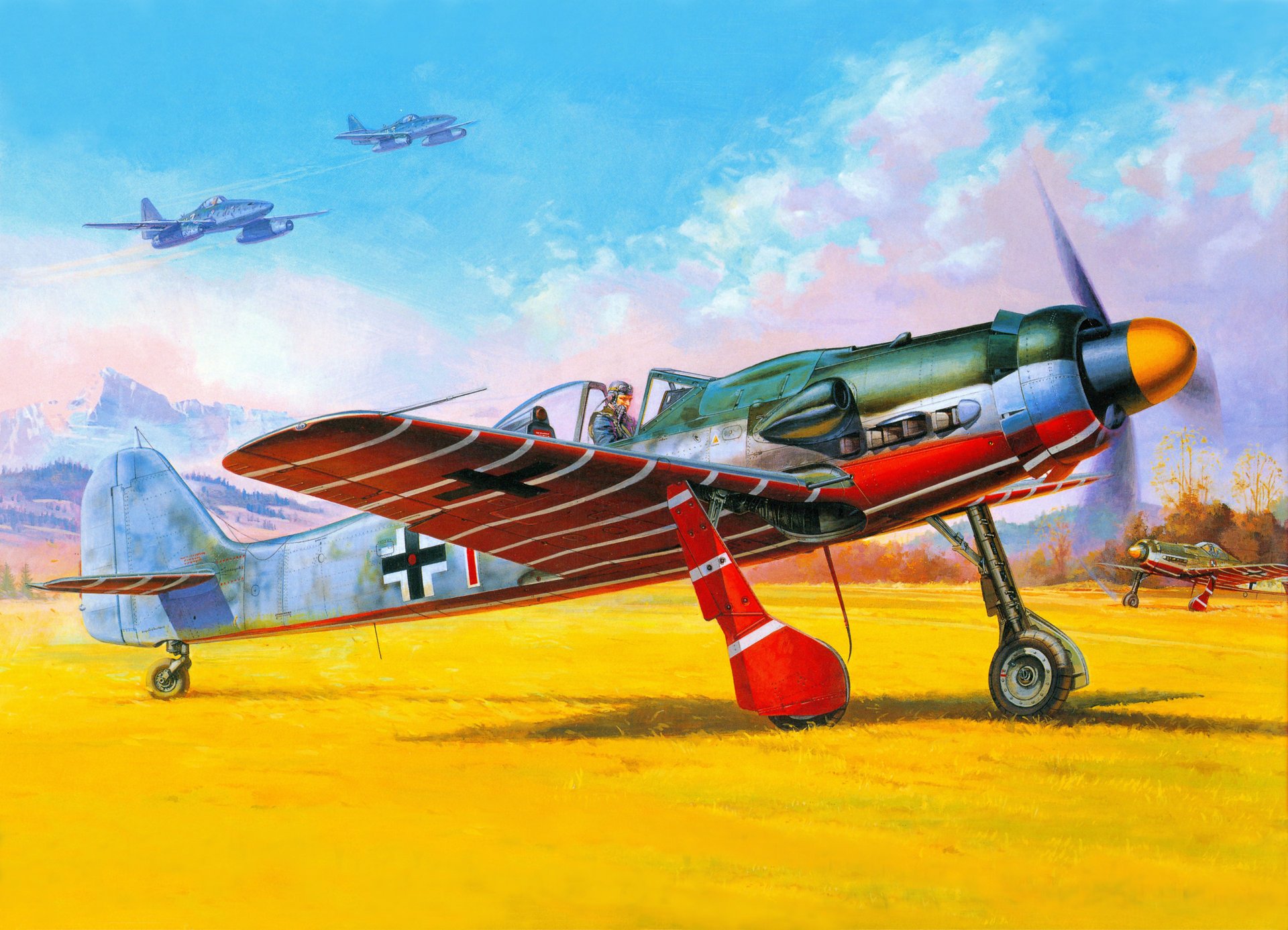 art airfield german on ground fighter-bombers fw-190 d-9 in sky jet messerschmitt me.262 mountains ww2 drawing