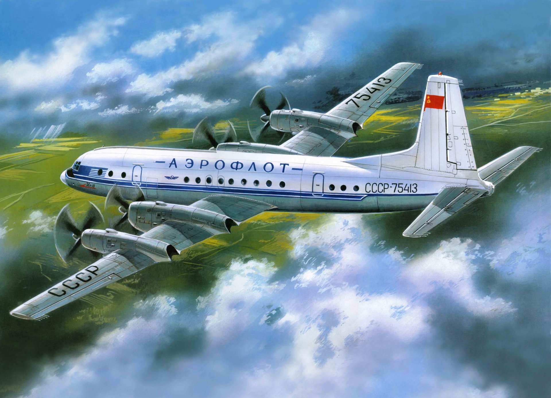 art avion il-18 ilyushin aeroflot passager pour compagnies aériennes de longueur moyenne réalisé selon le schéma quadrimoteur turbopropulseur à aile basse avec à queue unique empennage urss