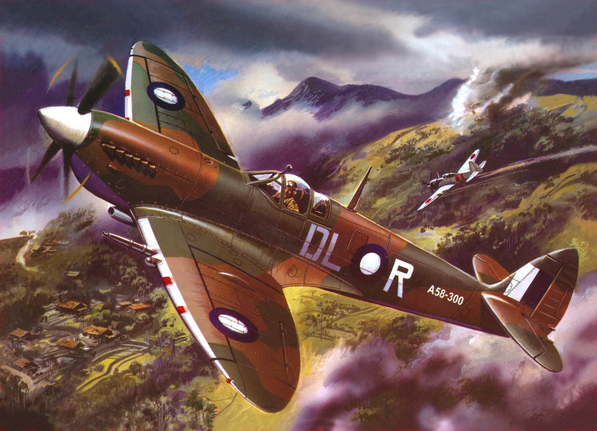 arte cielo spitfire-8 inglese combattente abbattuto giapponese aereo montagne vegetazione case seconda guerra mondiale figura