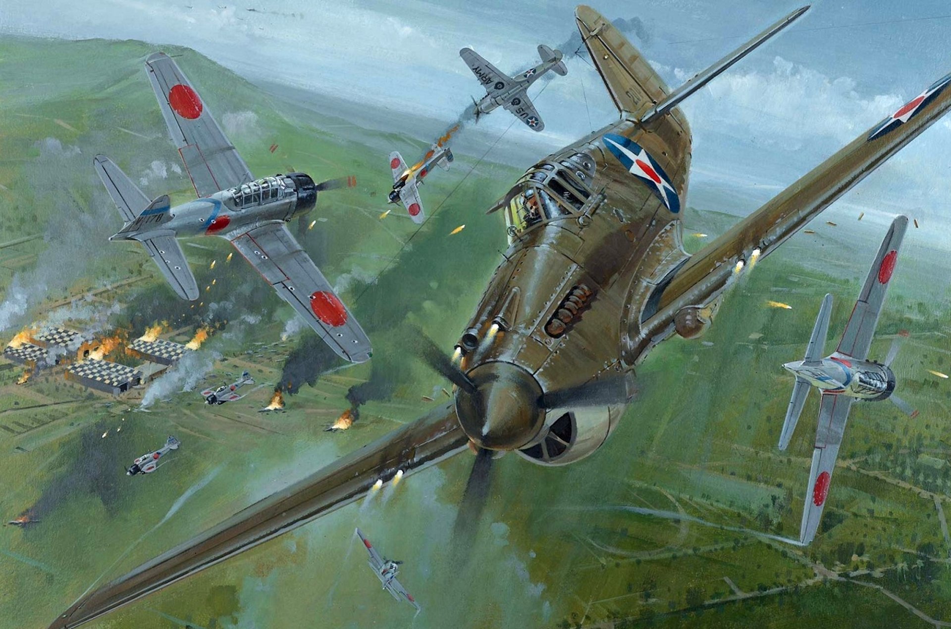 art guerre ciel américain japonais aérien combat coups de feu virages terre aérodrome brûlant hangars feu fumée ww2 dessin