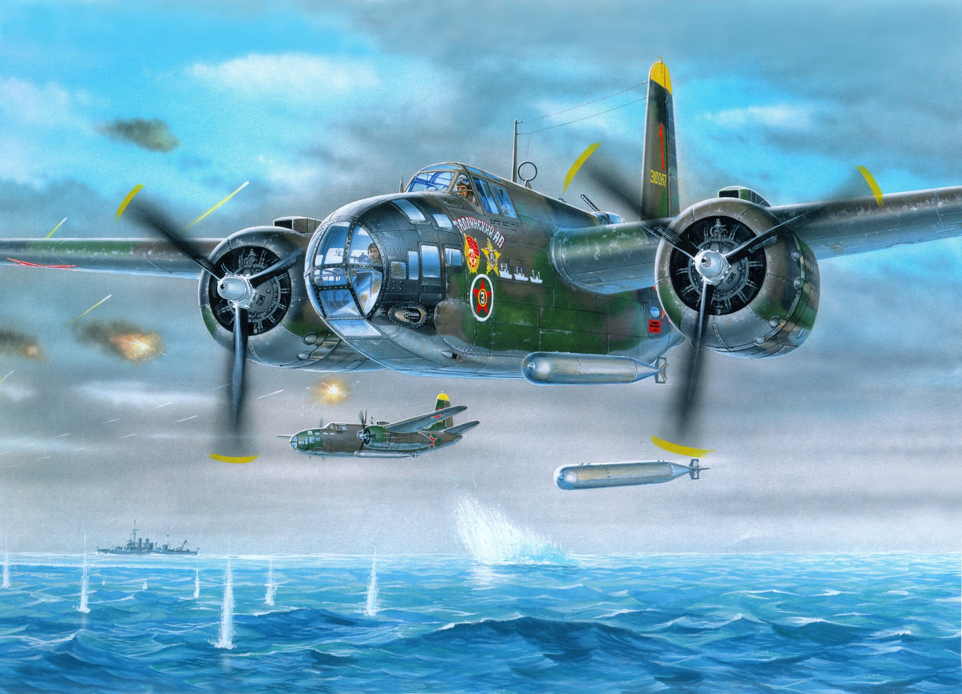 art war sea sky soviet torpedo bombers il-4t torpedo attack german ship