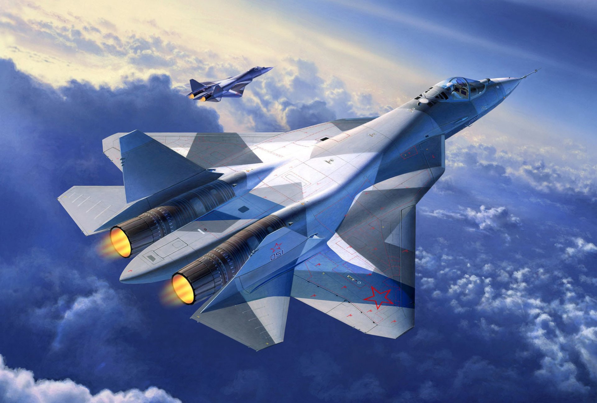 kunst flugzeug perspektive luftfahrt komplex front luftfahrt pak fa t-50 russisch mehrzweck kampfjet fünfte generation entwickelt durch einheit uac okb trocken entwickelt für ersatz su-27 luftwaffe russland