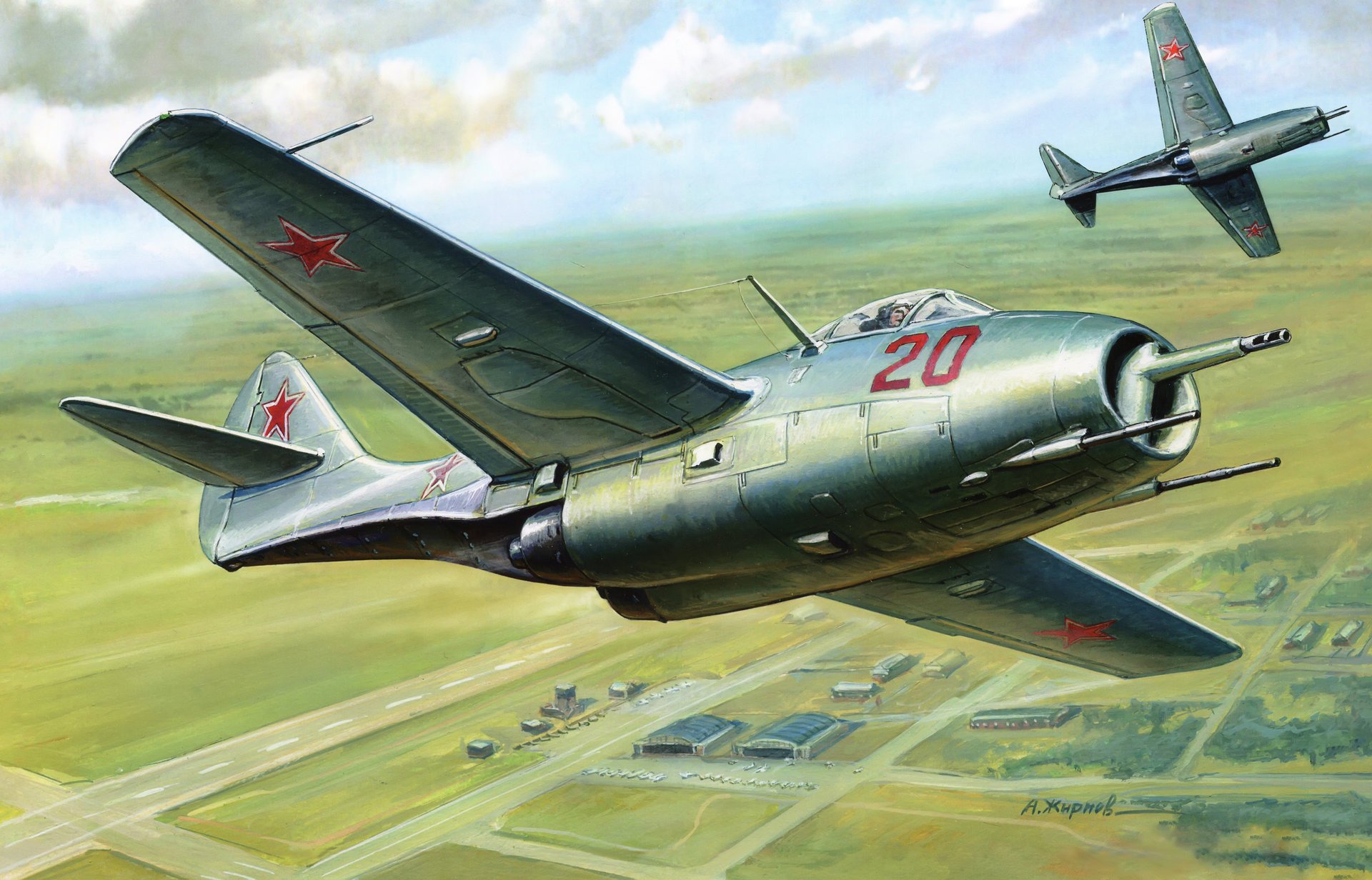 arte cielo aeródromo mig-9 fargo primero soviético solo caza todo metal construcción con dos turborreactor motores desarrollado en okb mikoyan y gurevich primero fabricado 24 de abril de 1946