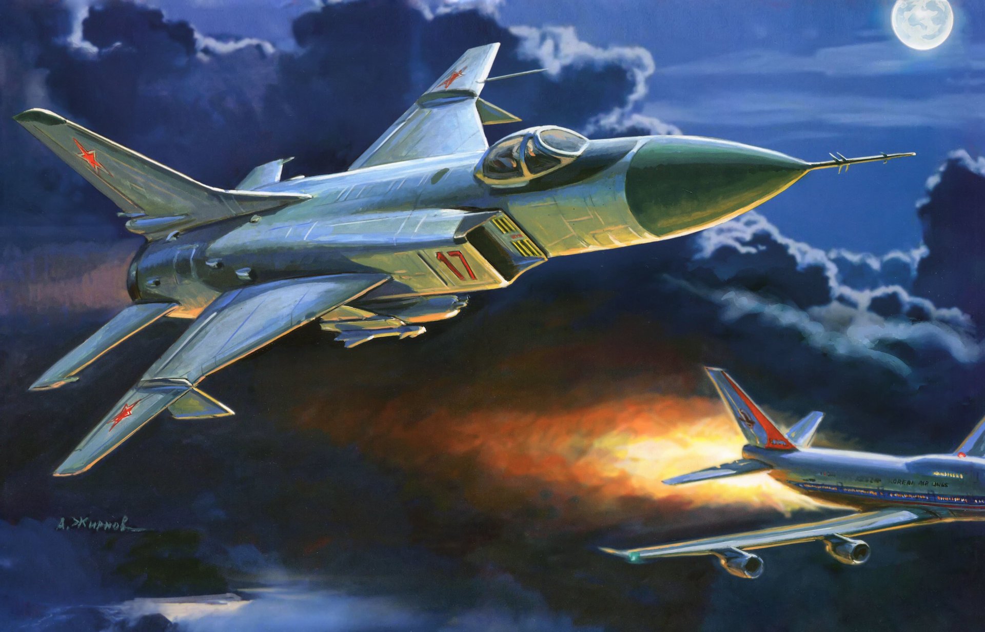 art night sky clouds moon su-15 soviet fighter interceptor burning passenger airplane boeing-747