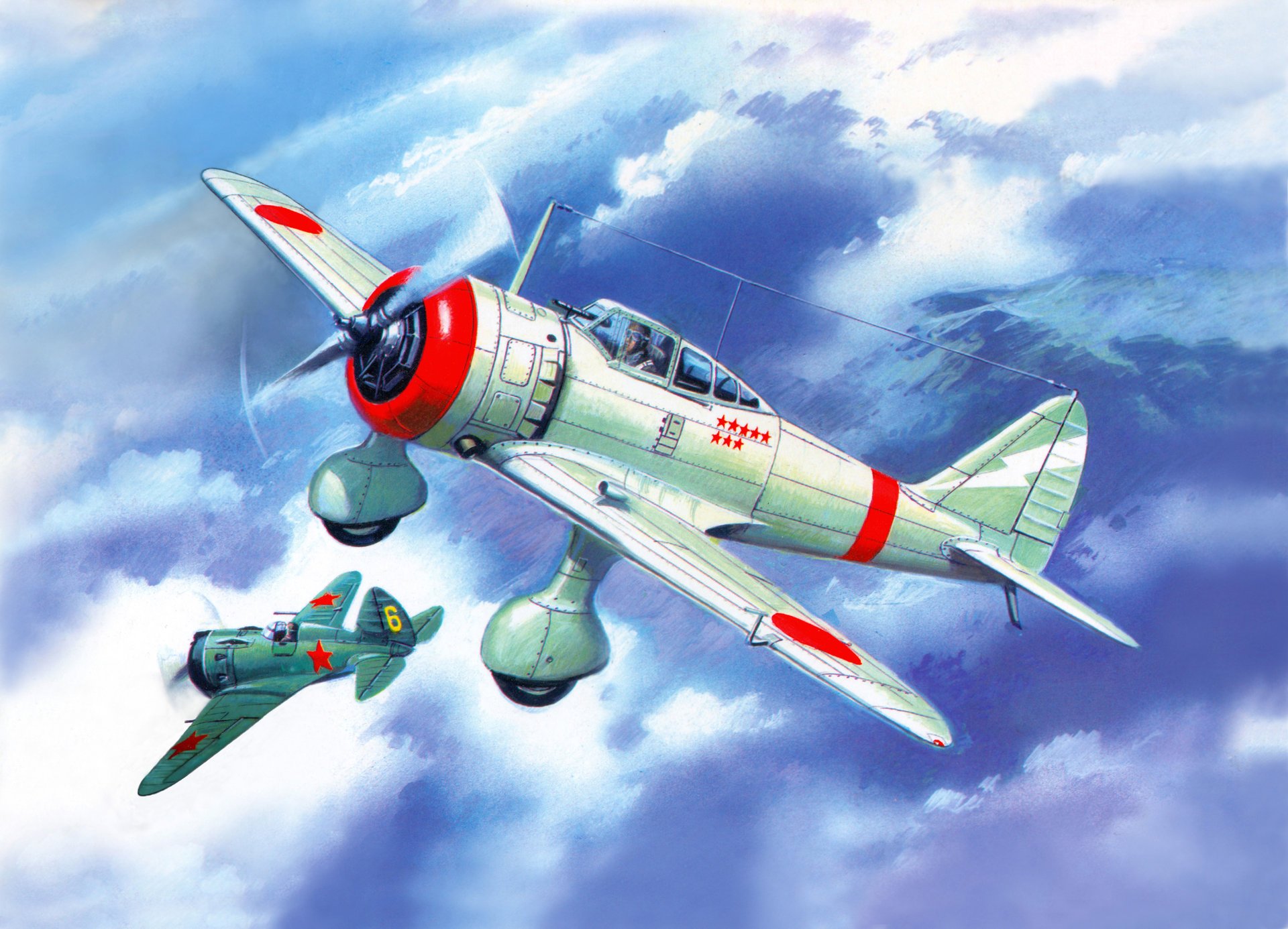 ciel nakajima ki-27b japonais monoplace combattant i-16 soviétique monomoteur piston air combat dans région rivière halhin-gol.1939 dessin