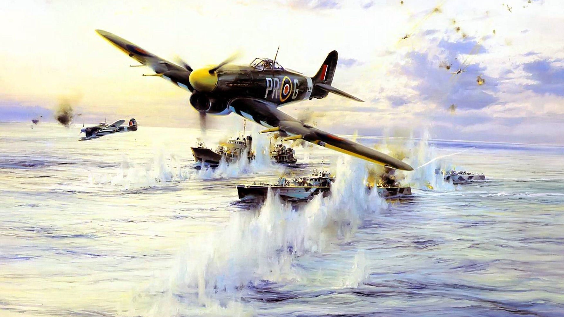 robert taylor hawker typhoon cazabombardero royal air force ataque torpederos mar barcos incursión bombardeo explosión arte dibujo