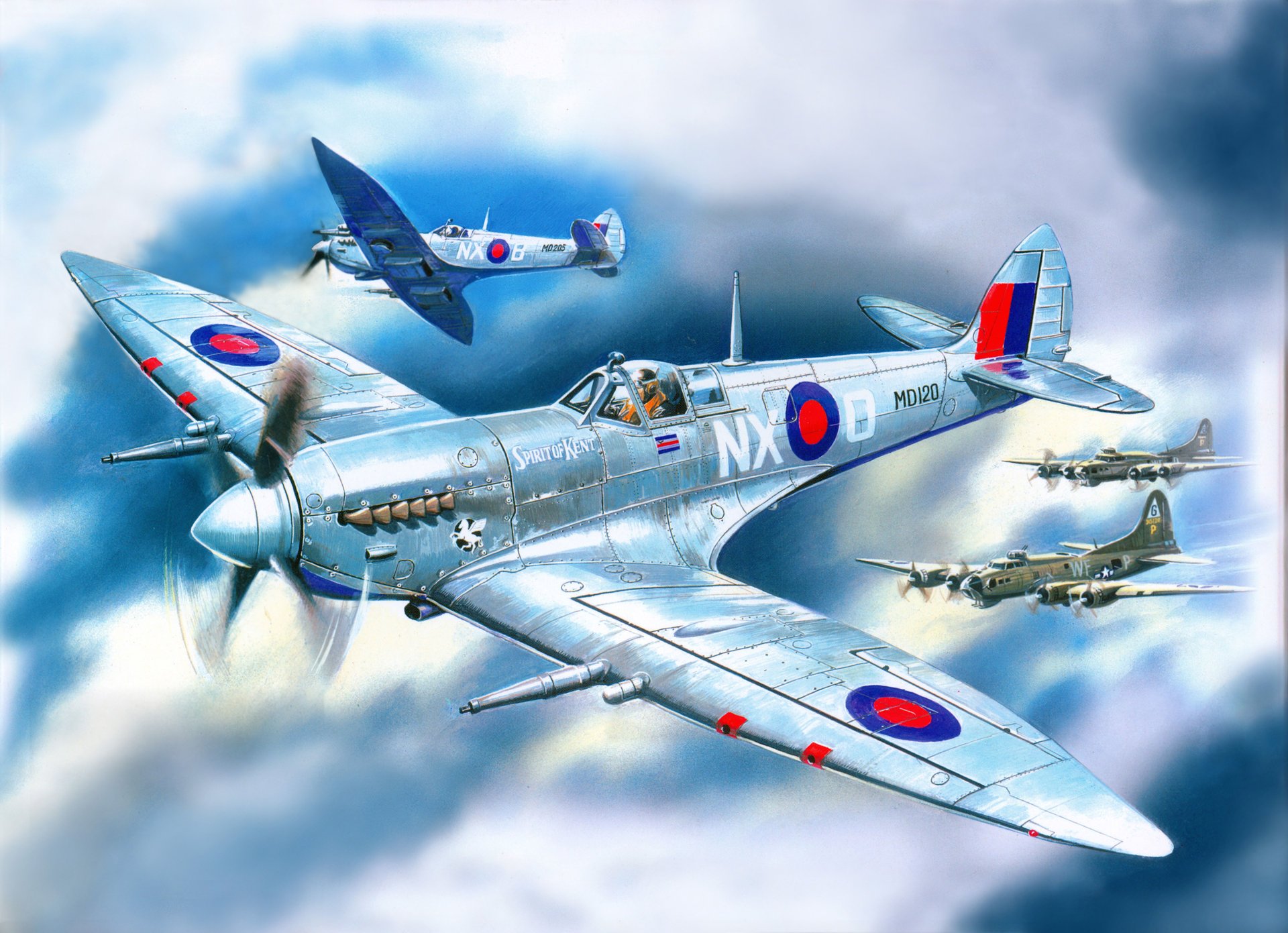 arte cielo spitfire mk.7 caccia inglesi b-17 bombardieri quadrimotori americani scorta nuvole ww2 figura