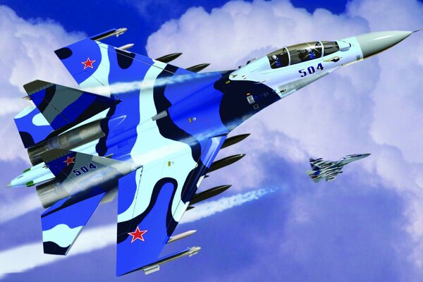 Samolot Su-30MK w kolorze kamuflażu na niebie w locie