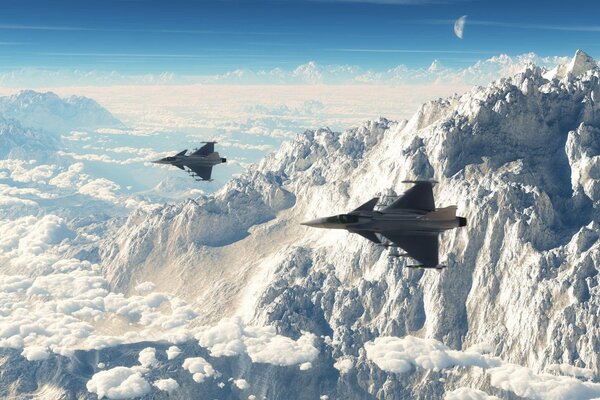 Deux avions de chasse volant au-dessus des montagnes