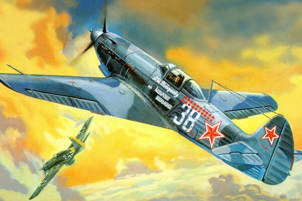 El arte del caza soviético Yak-9T en el fondo de las nubes amarillas