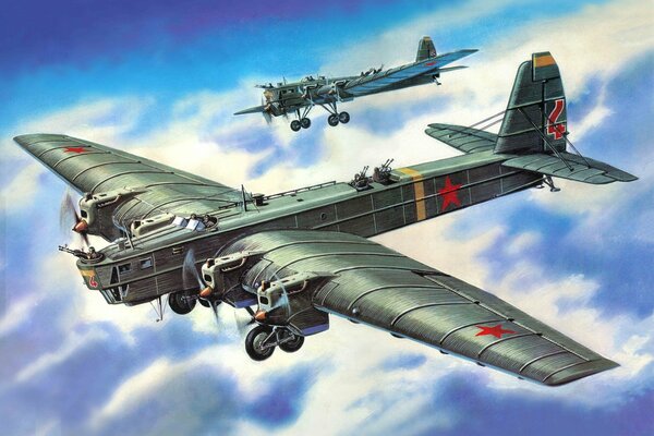 Art radziecki samolot bombowiec topolew Sił Powietrznych ZSRR na niebie