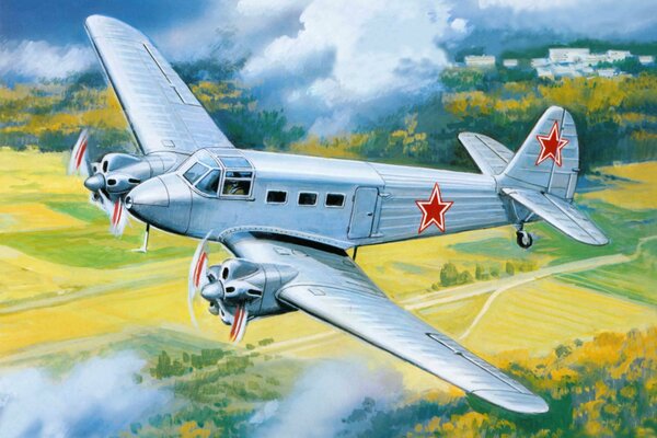 Art Soviet Yakovlev Yak-8 transport aircraft over the field