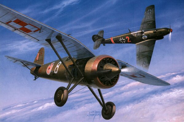 Drawing planes in the sky during the war, German fighter, monoplane fighter