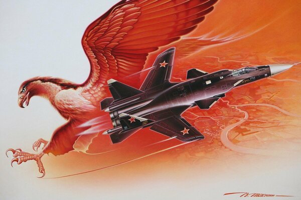 Drawing of a SU-47 fighter jet, from which a red golden eagle flies out