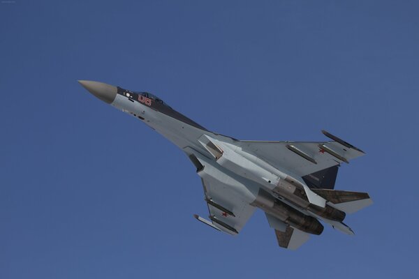 Avión su-35S en vuelo contra un cielo azul