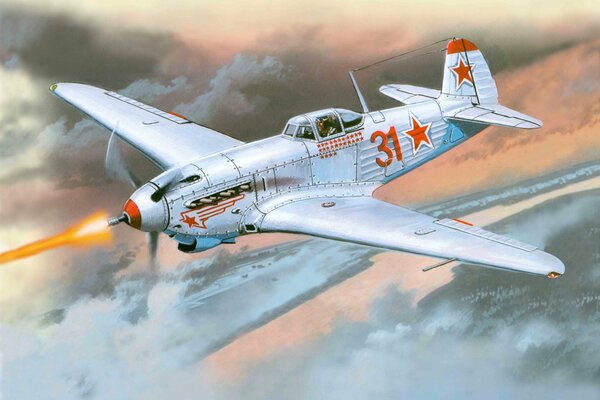 Sztuka radzieckiego myśliwca na tle chmur