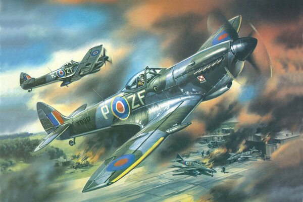British fighters blow up the airfield and hangars of the Germans