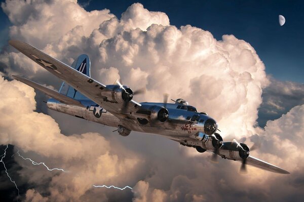 Avión bombardero volando a través de las nubes